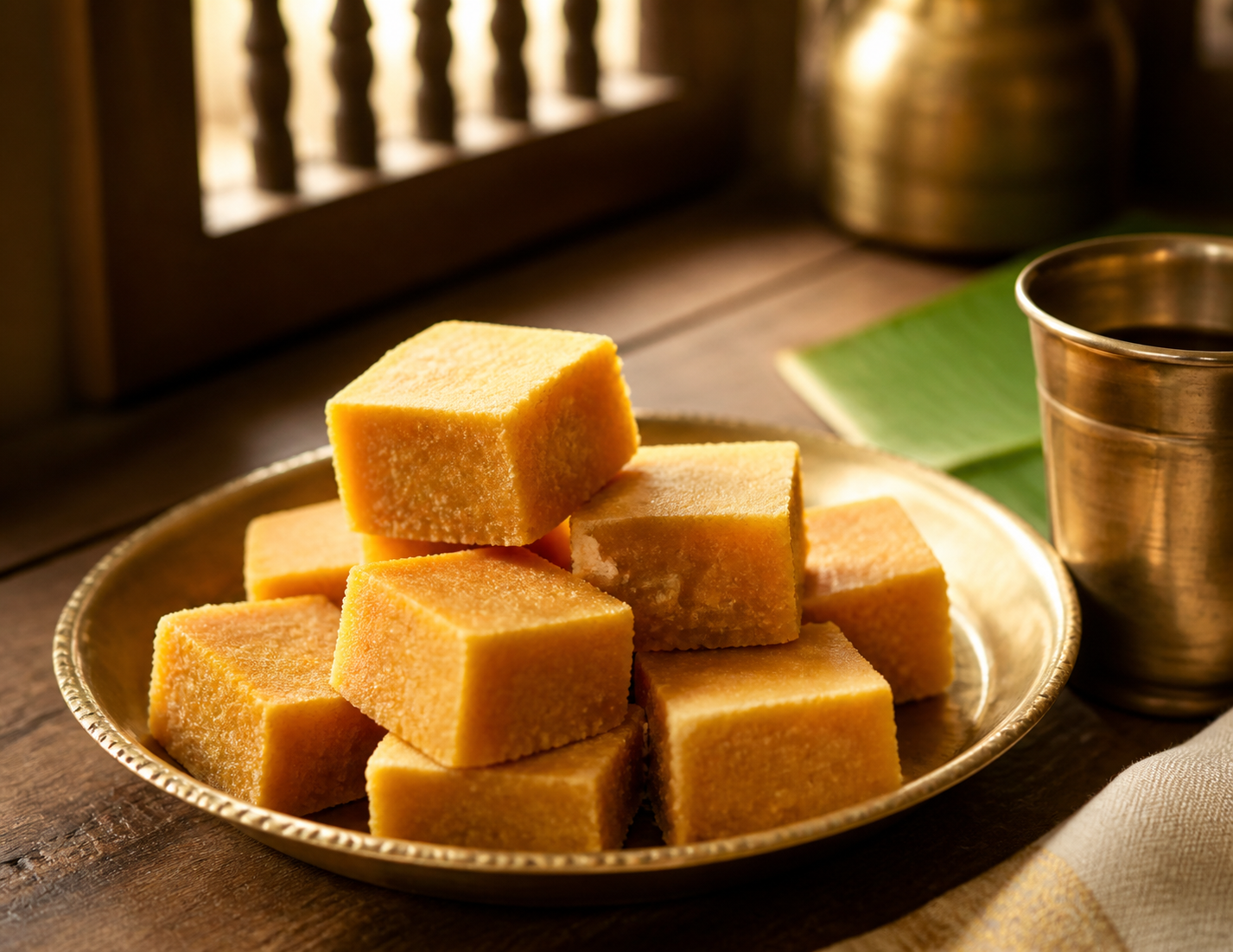 Golden Mysore Pak pieces on a brass plate