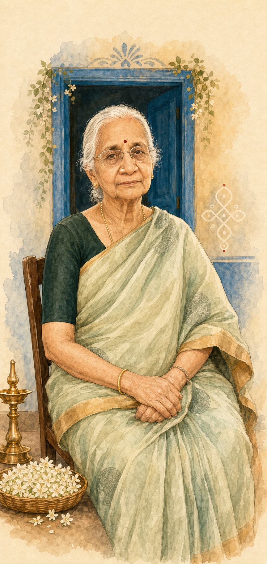 A warm watercolor caricature portrait of Thankam Mami in a blue sari